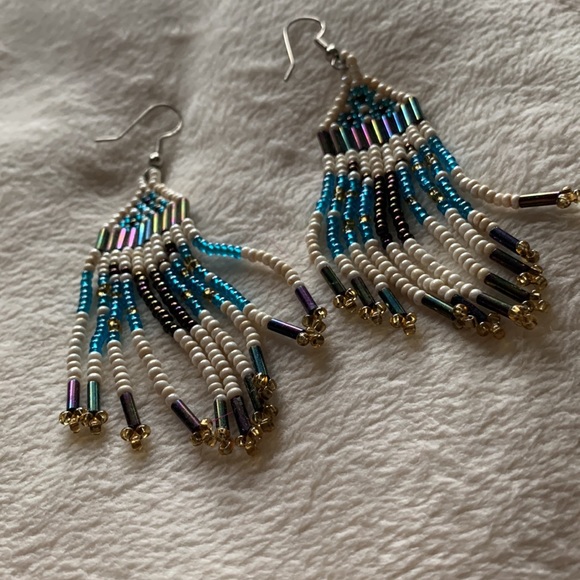 True vintage hand beaded native fringe earrings turquoise teal - Picture 7 of 9